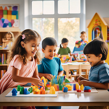 子どもたちがパズルで遊ぶ