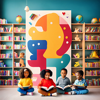 4人の子どもが笑顔で本を読む